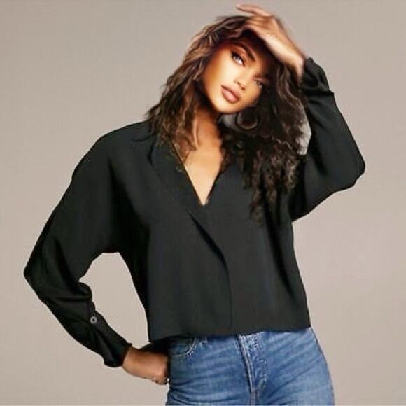 Babaton Top Women Black Martin Blouse Asymmetric Collar Crop Aritzia Capsule Med - Picture 1 of 14